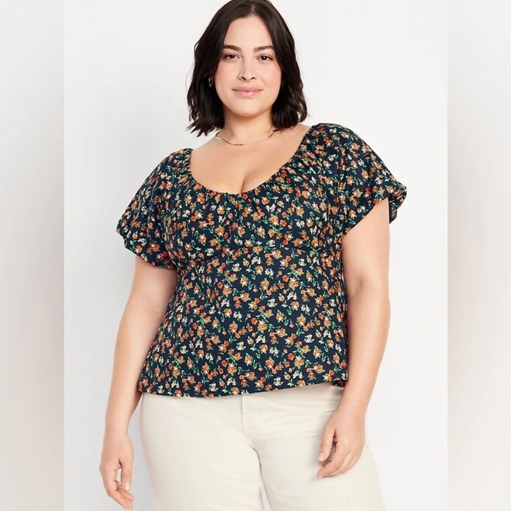 NWT old navy waist defined puff sleeve smocked back floral top XL‎
